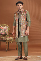 Olive Green Silk Mirror Embroidered Kurta Pajama with Jacket
